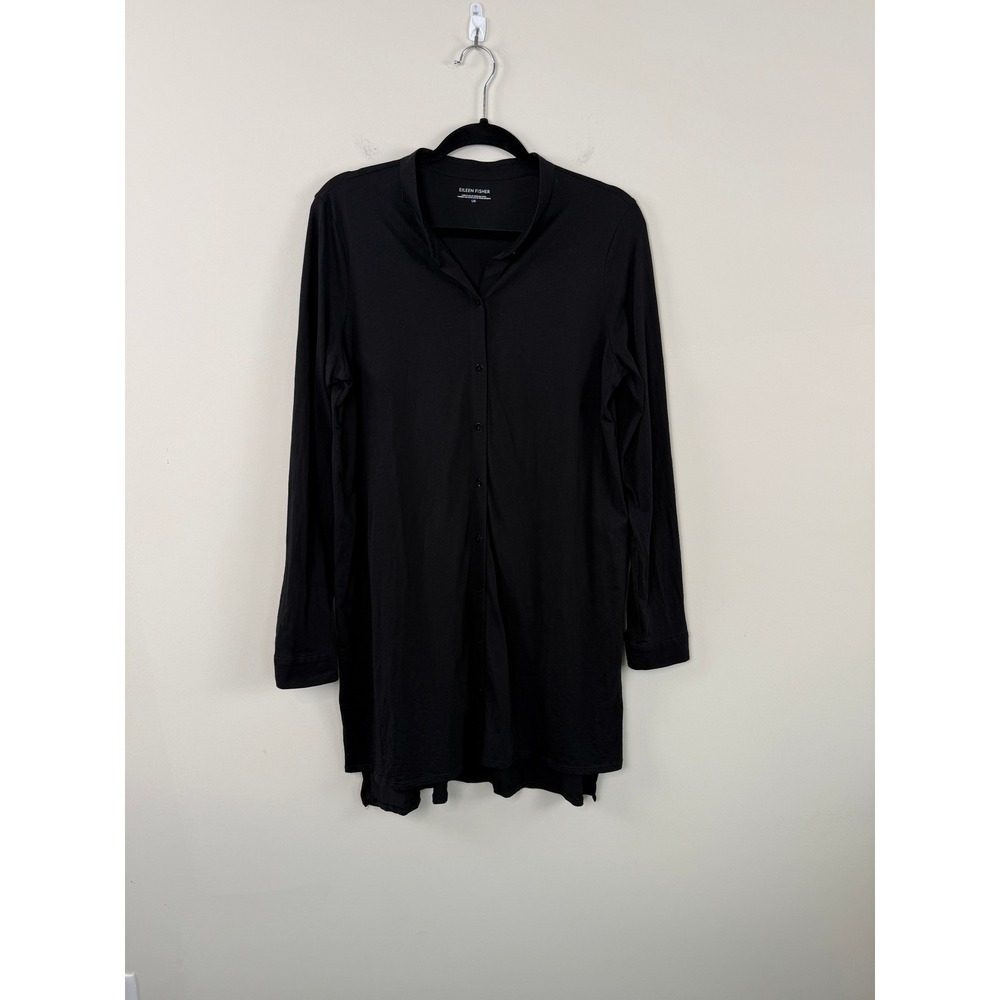 Eileen Fisher Tunic Black L Organic Cotton Long Sleeve Button Front Minimalist